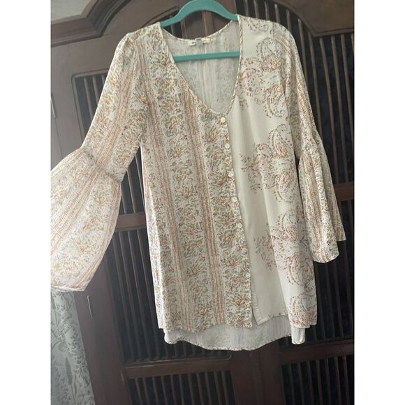 Billabong Boho Floral Mixed Print Rayon Tunic Top Bell Sleeve Women’s S - Picture 1 of 9
